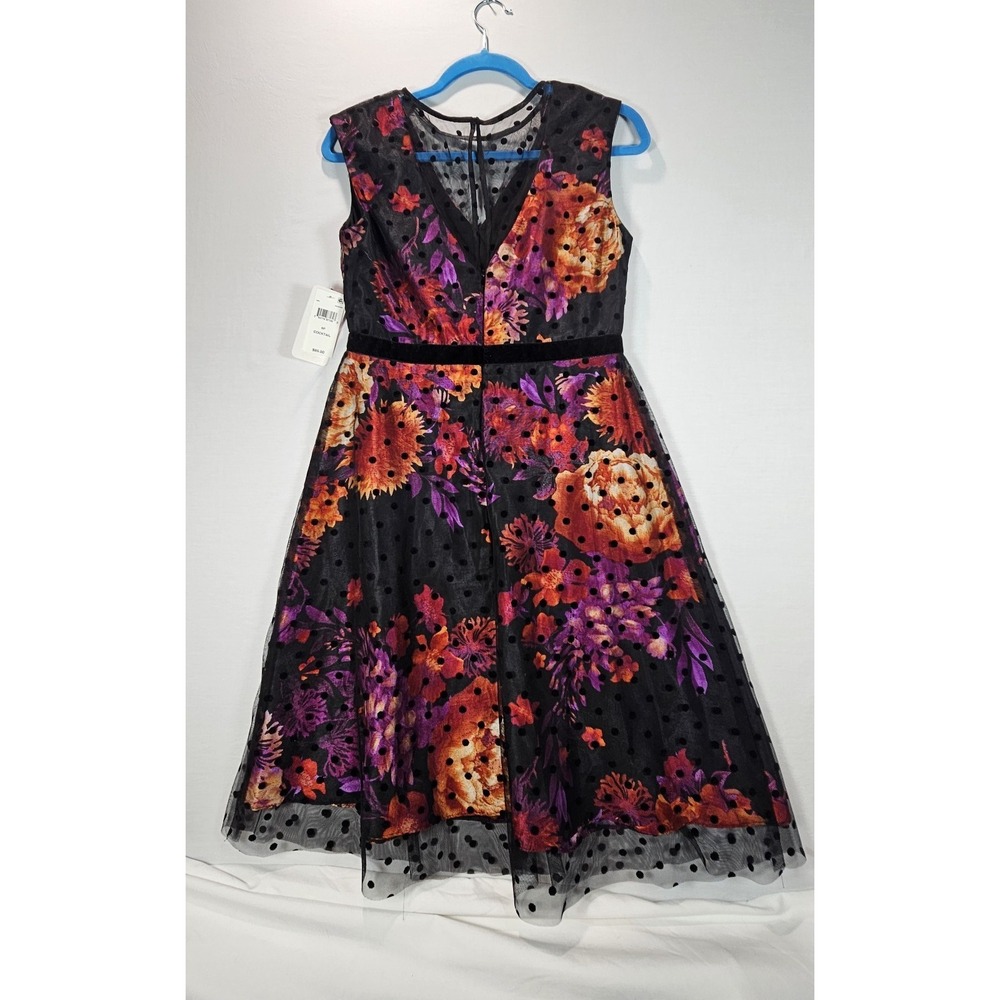 SD Collection Dress 6P Black Floral Flocked‎ Polka Dot Mesh Overlay Velvet NWT